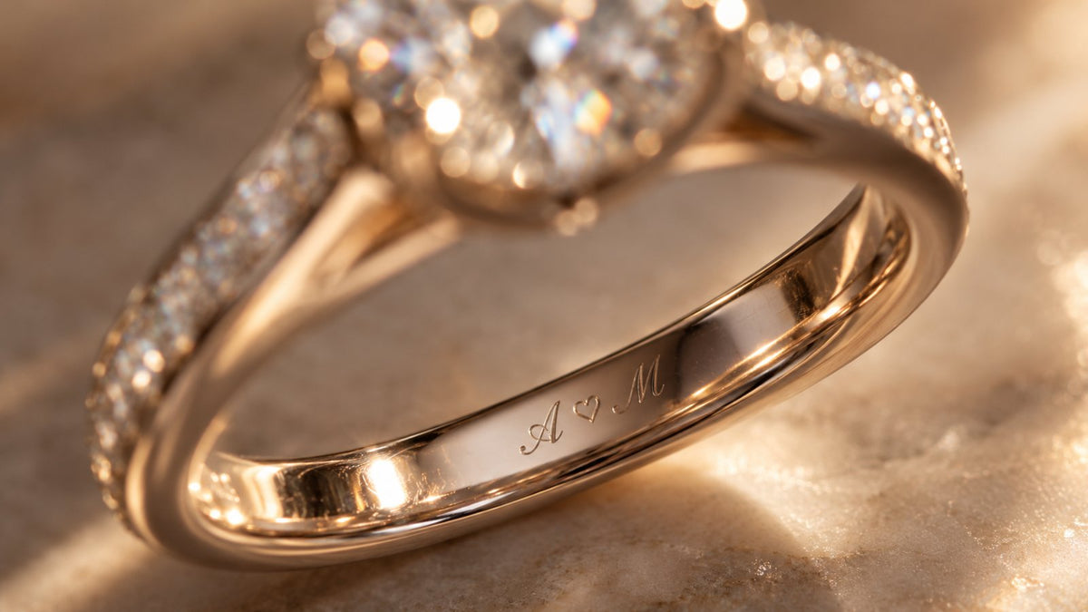 Close-up of a short engraved message inside a diamond ring band in warm light