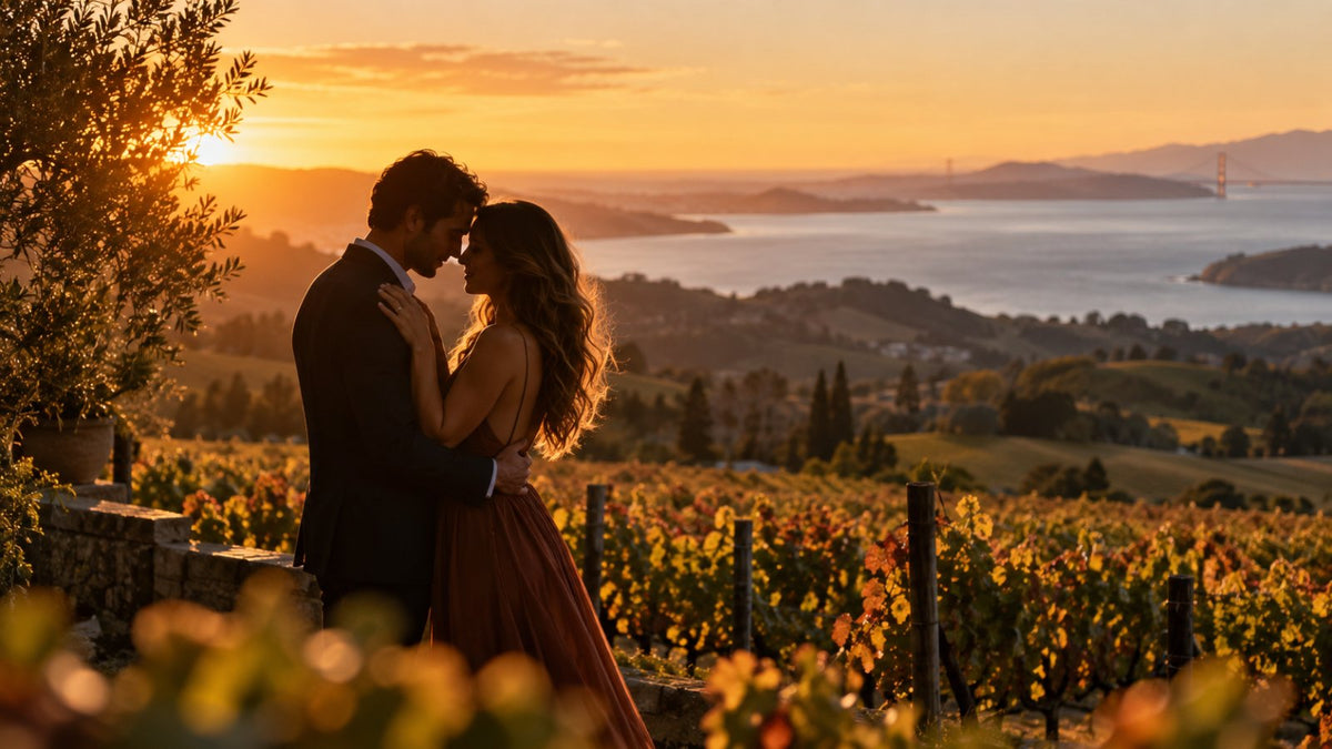 Couple embracing at golden hour over a Northern California vineyard and coastline - a fall Bay Area engagement