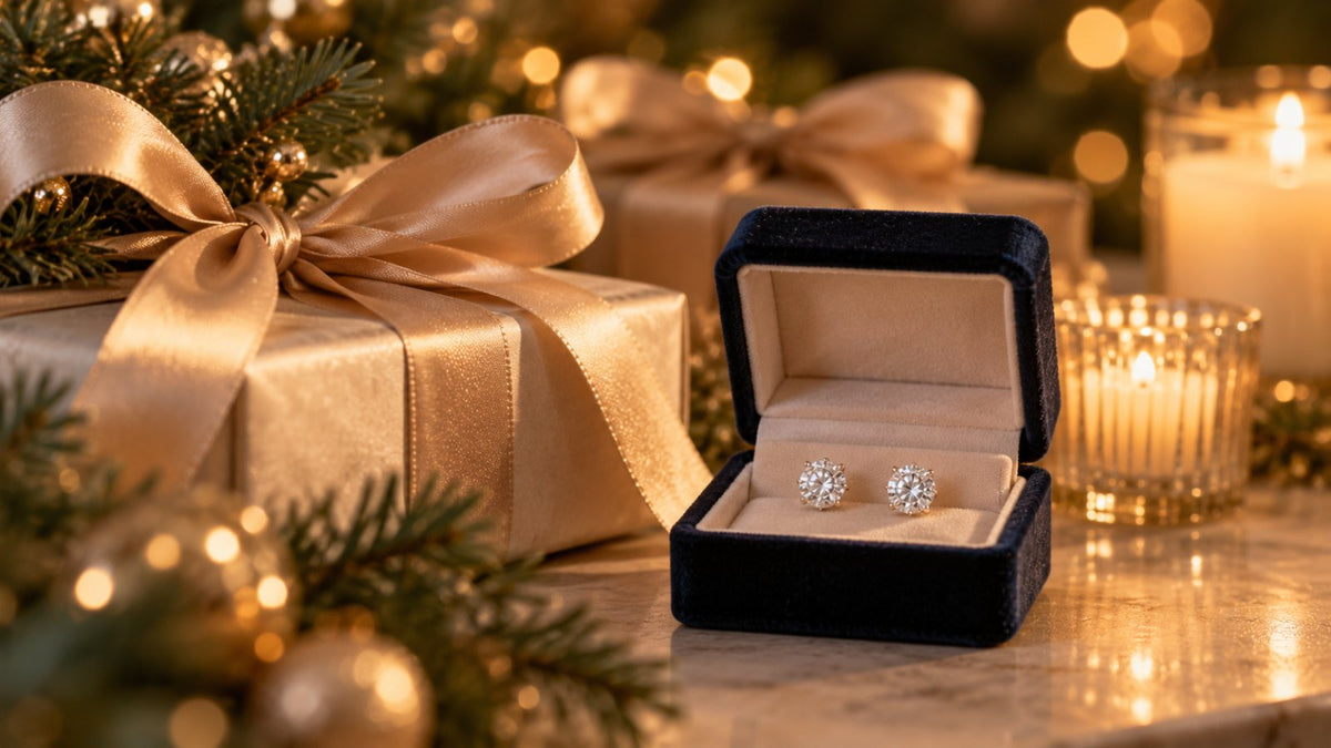 Diamond stud earrings in an open jewelry box beside wrapped holiday gifts and fir branches