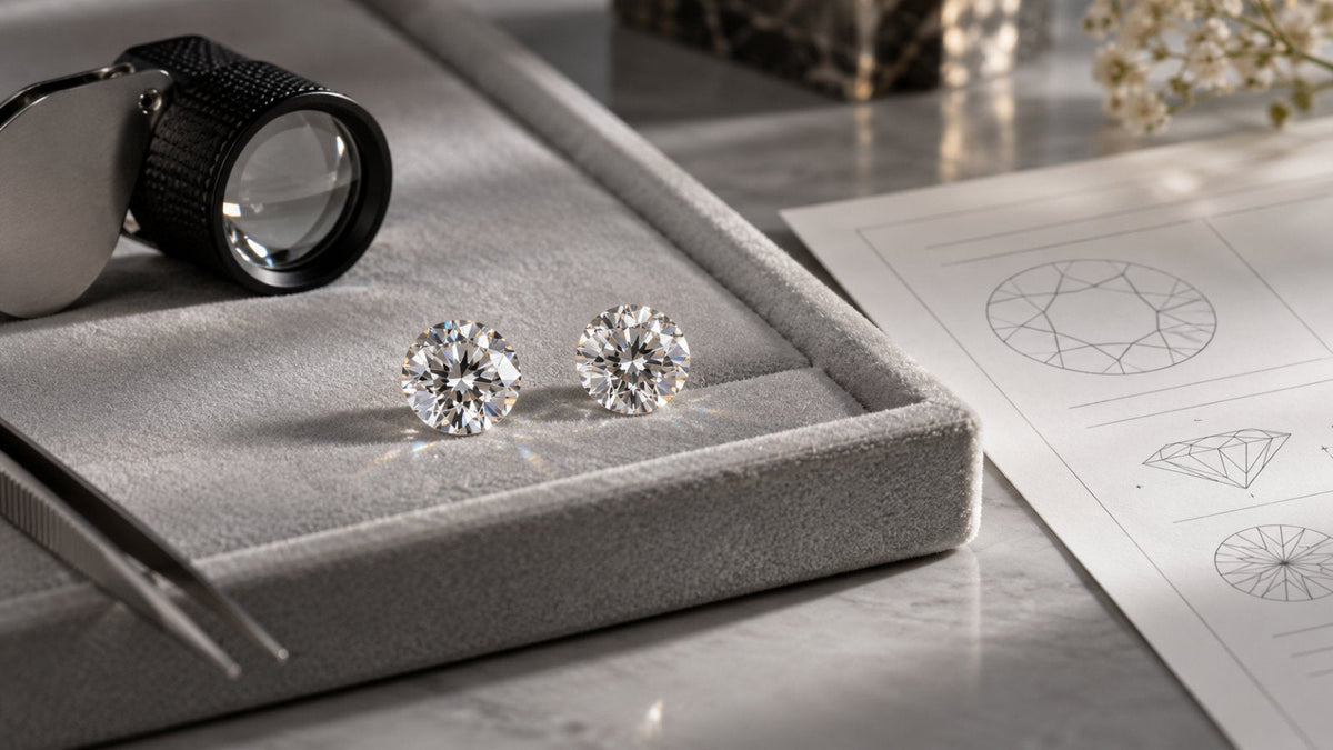 Two loose diamonds on a grey grading tray beside a jeweler's loupe and a diamond grading report