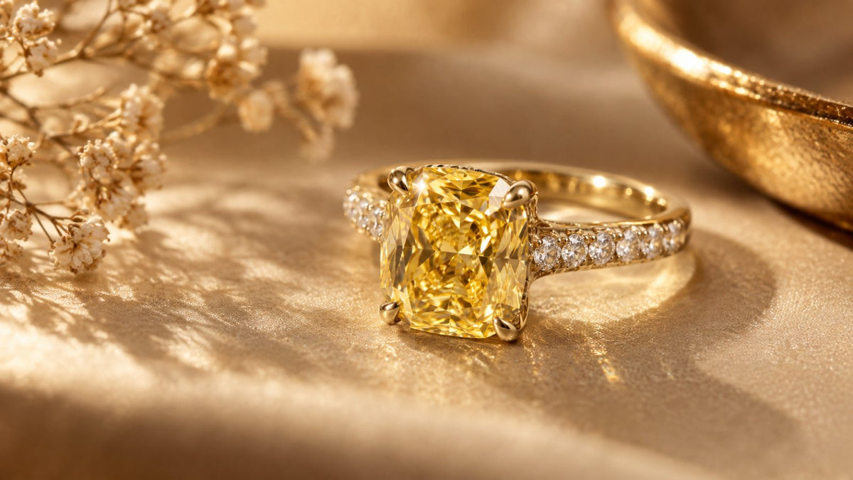 Fancy yellow diamond ring in yellow gold catching warm light, a November birthstone feature