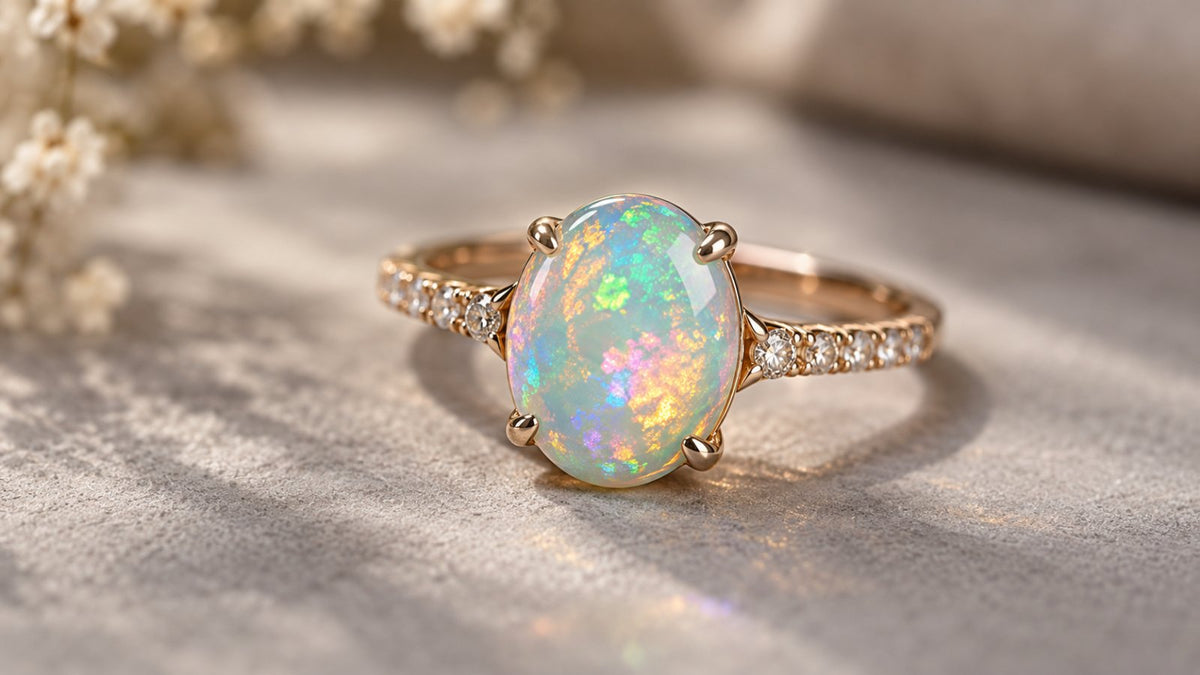 Opal engagement ring showing its colorful play of color on a soft neutral surface