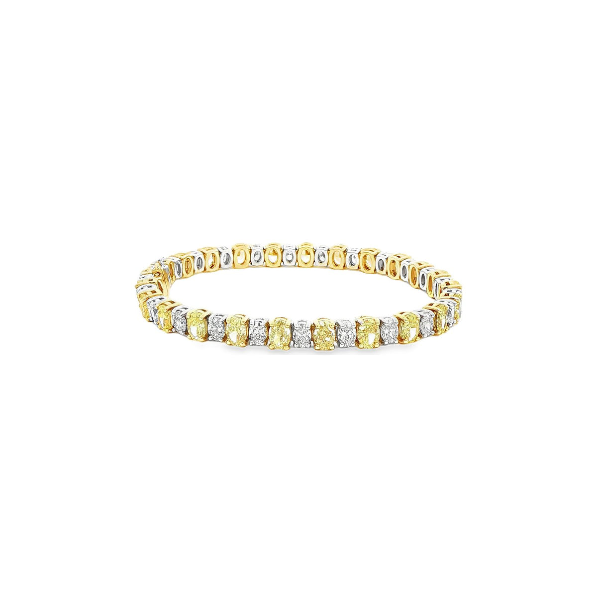11.30 CT. Fancy Yellow and White Oval Diamond Tennis Bracelet in 18K Two Tone Gold