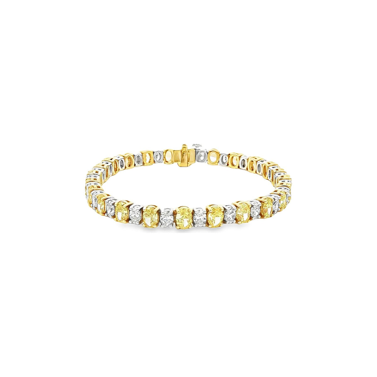 11.30 CT. Fancy Yellow and White Oval Diamond Tennis Bracelet in 18K Two Tone Gold view 2