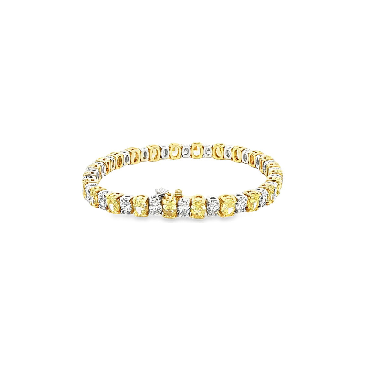 11.30 CT. Fancy Yellow and White Oval Diamond Tennis Bracelet in 18K Two Tone Gold view 4