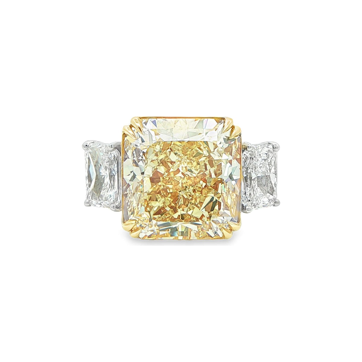 15.37 CT. Radiant Cut Fancy Light Yellow Diamond Three Stone Ring in 18K Yellow Gold and Platinum