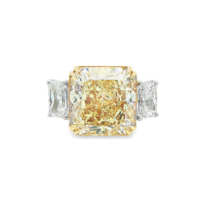 15.37 CT. Radiant Cut Fancy Light Yellow Diamond Three Stone Ring in 18K Yellow Gold and Platinum