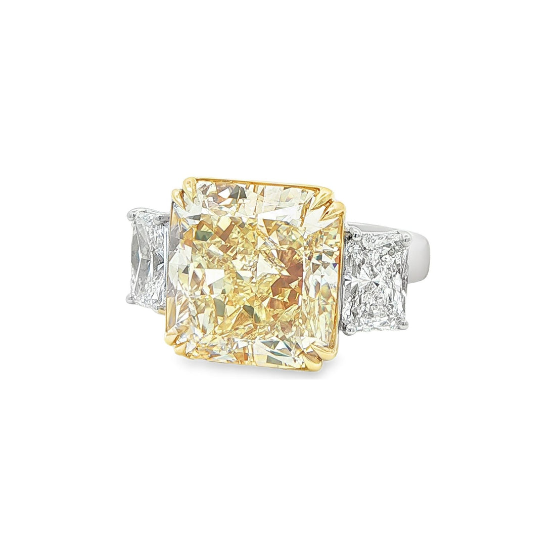 15.37 CT. Radiant Cut Fancy Light Yellow Diamond Three Stone Ring in 18K Yellow Gold and Platinum view 2