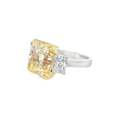 15.37 CT. Radiant Cut Fancy Light Yellow Diamond Three Stone Ring in 18K Yellow Gold and Platinum view 3