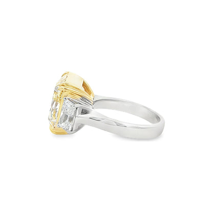 15.37 CT. Radiant Cut Fancy Light Yellow Diamond Three Stone Ring in 18K Yellow Gold and Platinum view 4