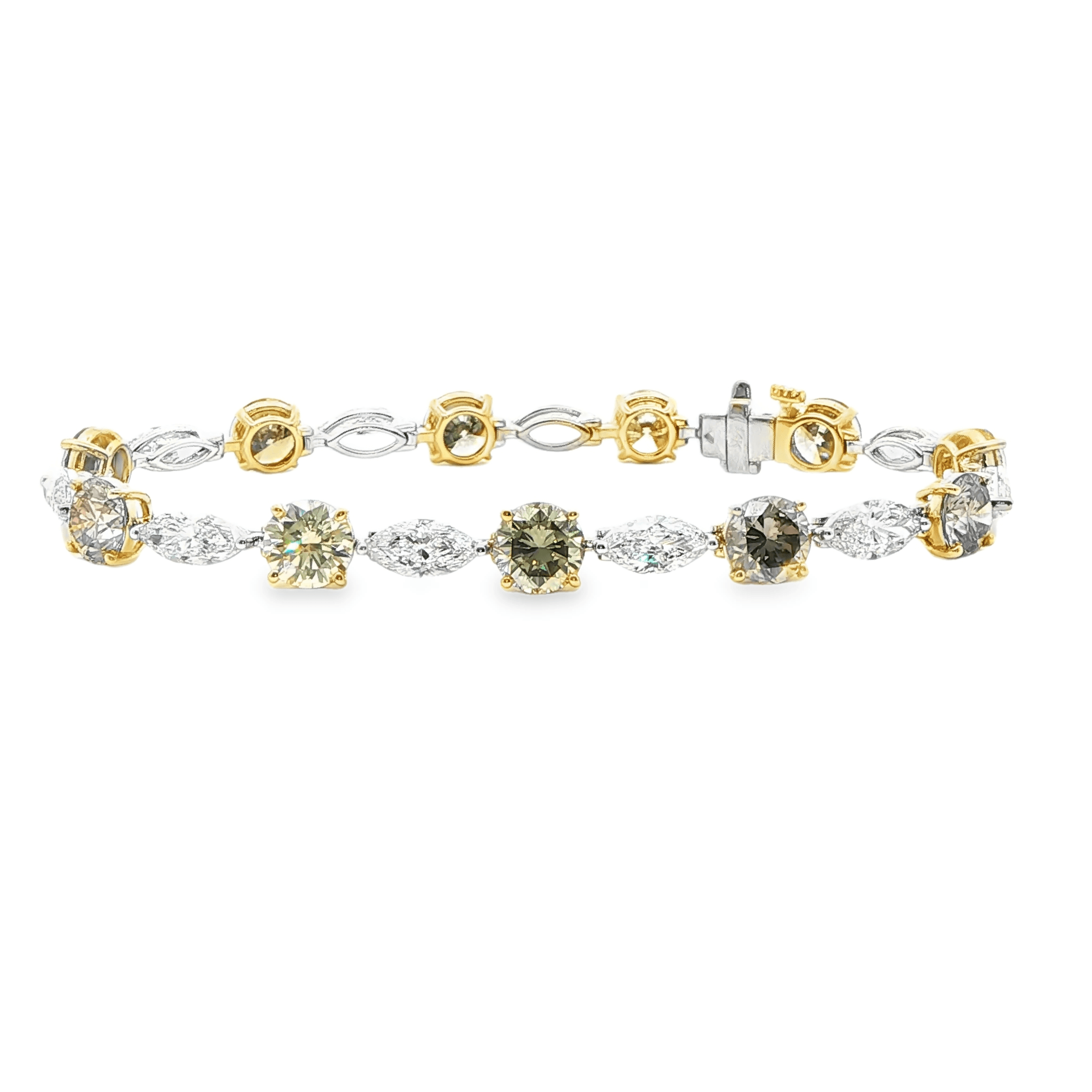 17.19ct. Marquise Cut and Brown Round Brilliant Diamond Tennis Bracelet in 14K Gold - BRACELET