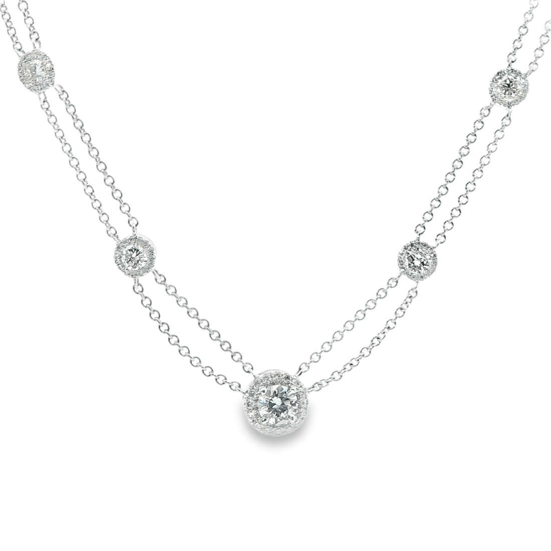 Round Brilliant Diamond Halo Necklaced in 14K White Gold - Lariat Necklace
