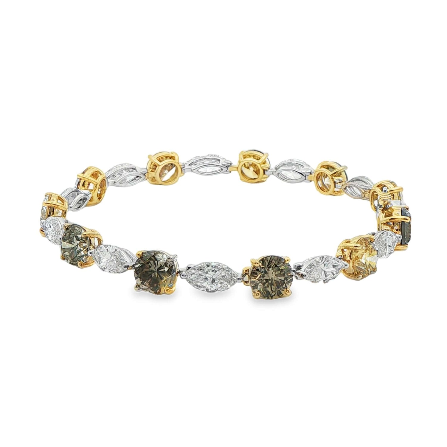 17.19ct. Marquise Cut and Brown Round Brilliant Diamond Tennis Bracelet in 14K Gold - BRACELET