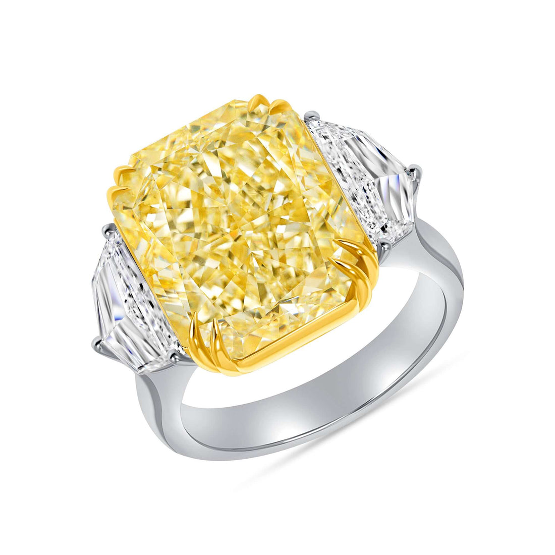 6.04 CT. Radiant Cut Yellow Diamond with two diamond Accents Ring in 18K Yellow Gold and Platinum - RING