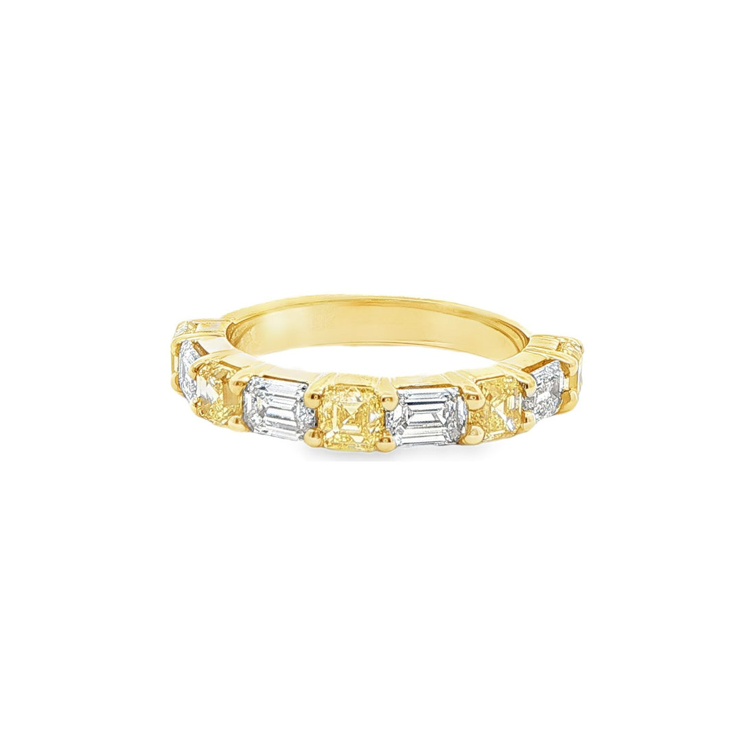 2.38 CT. Asscher Cut Fancy Intense Yellow Diamond and Emerald Cut Diamond Nine Stone Band in 18K White and Yellow Gold