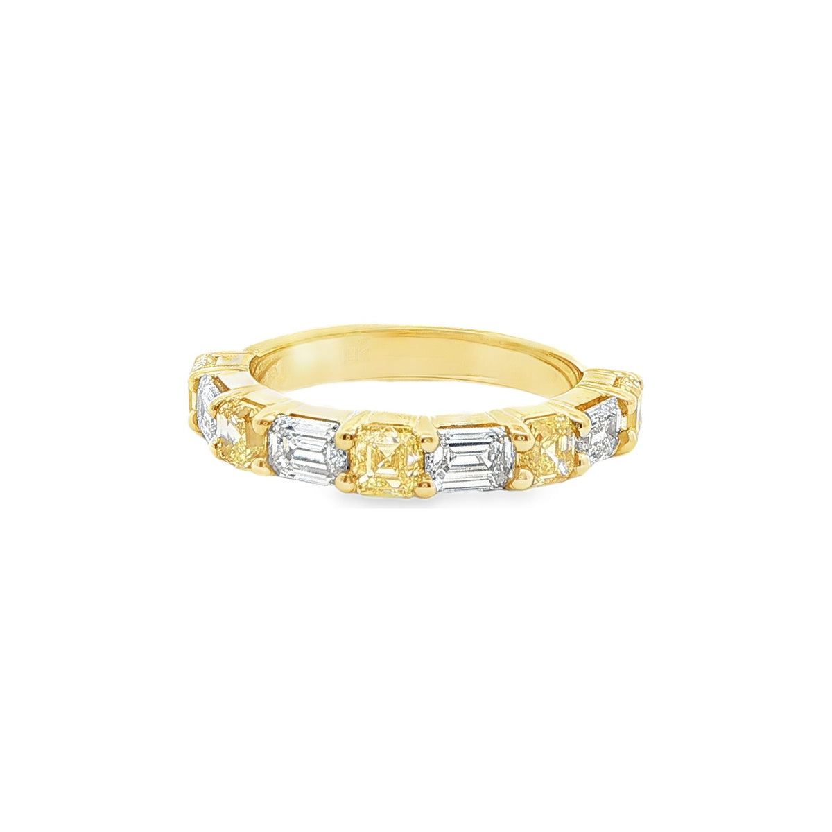 2.38 CT. Asscher Cut Fancy Intense Yellow Diamond and Emerald Cut Diamond Nine Stone Band in 18K White and Yellow Gold