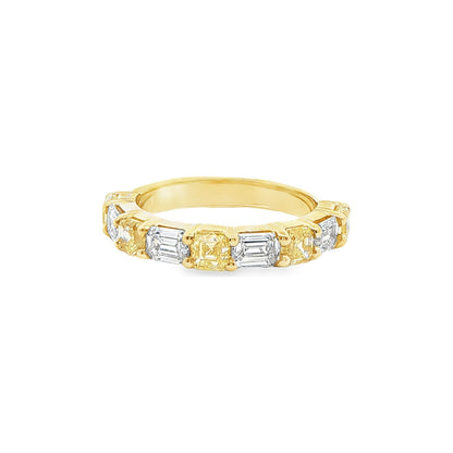 2.38 CT. Asscher Cut Fancy Intense Yellow Diamond and Emerald Cut Diamond Nine Stone Band in 18K White and Yellow Gold