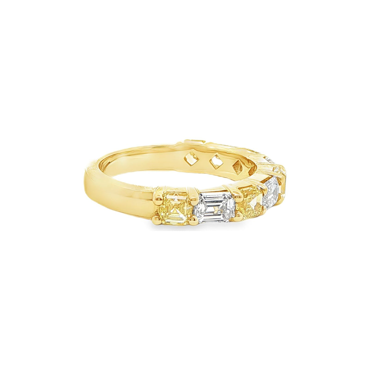 2.38 CT. Asscher Cut Fancy Intense Yellow Diamond and Emerald Cut Diamond Nine Stone Band in 18K White and Yellow Gold view 2