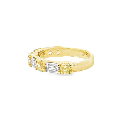 2.38 CT. Asscher Cut Fancy Intense Yellow Diamond and Emerald Cut Diamond Nine Stone Band in 18K White and Yellow Gold view 4
