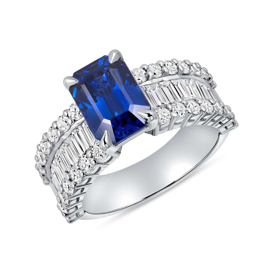 3.23 CT. Emerald Cut Blue Sapphire and Diamond Cocktail Ring in Platinum - RING