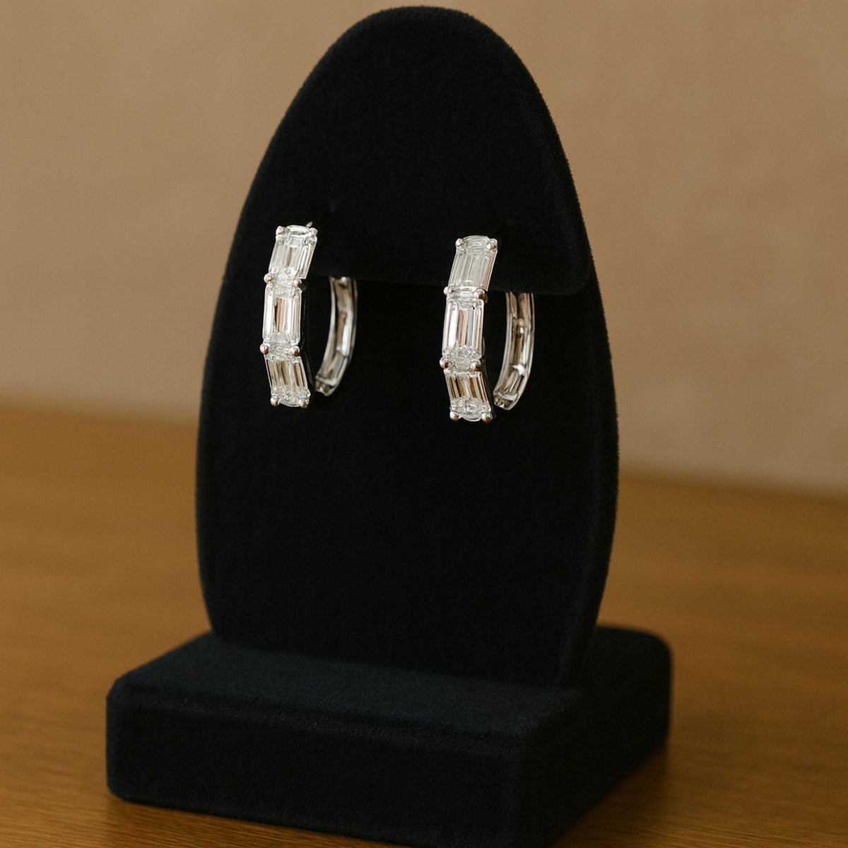 3.01 CT. Emerald Cut Diamond Hoop Earrings in 14K White Gold styled view