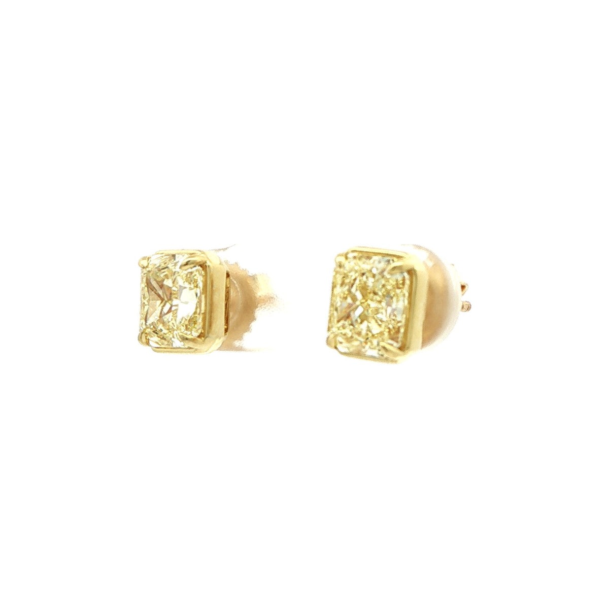 3.03 CT. Radiant Cut Fancy Light Yellow Diamond Stud Earrings in 18K Yellow Gold view 3