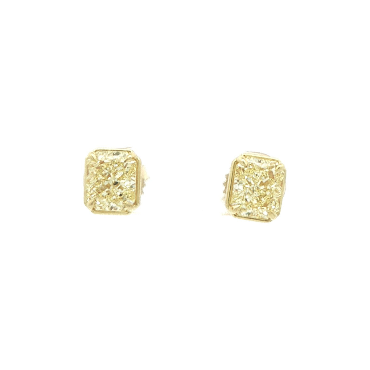 3.03 CT. Radiant Cut Fancy Light Yellow Diamond Stud Earrings in 18K Yellow Gold