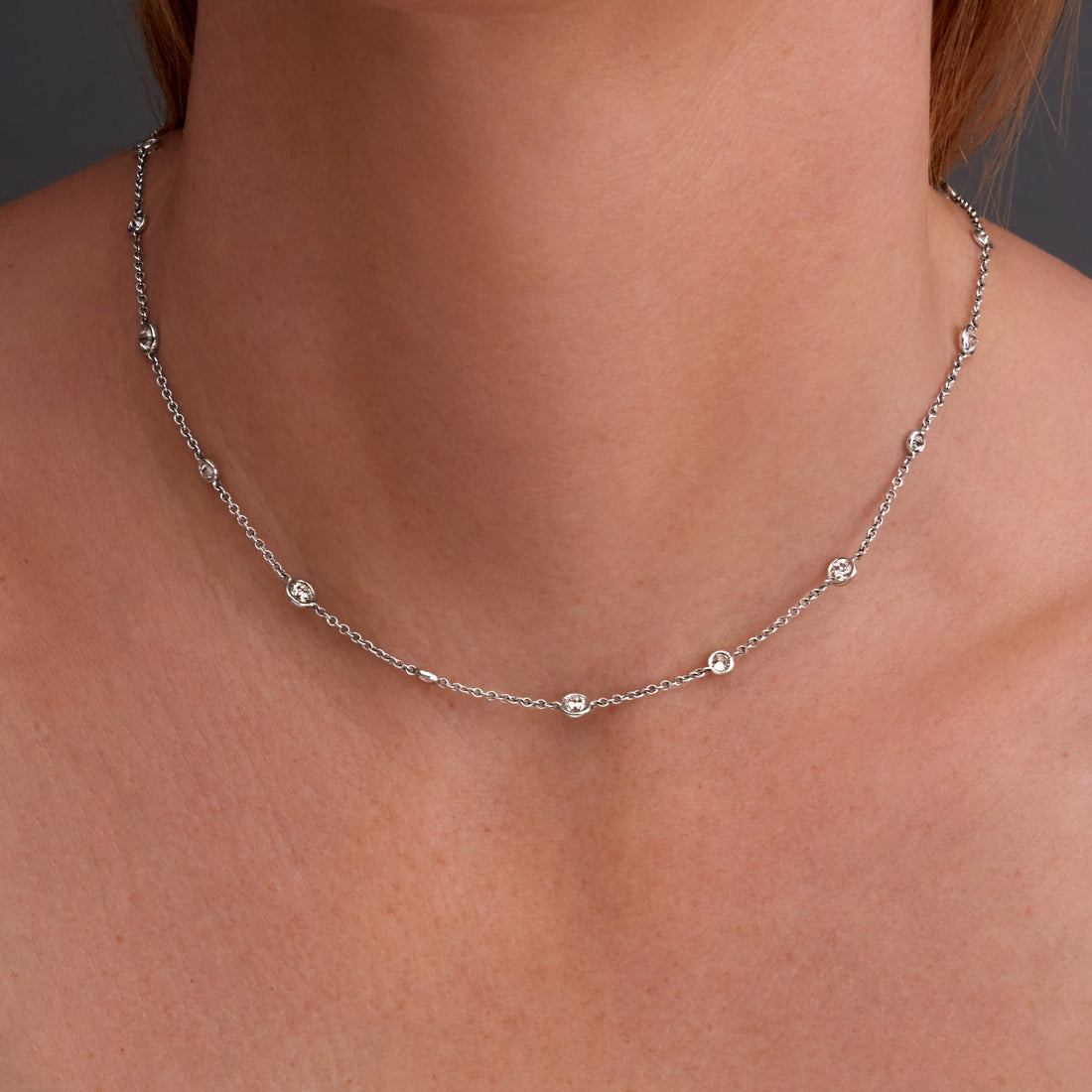 3.27 CT. Round Brilliant Diamond Bezel Set Necklace in 14K White Gold - worn on model