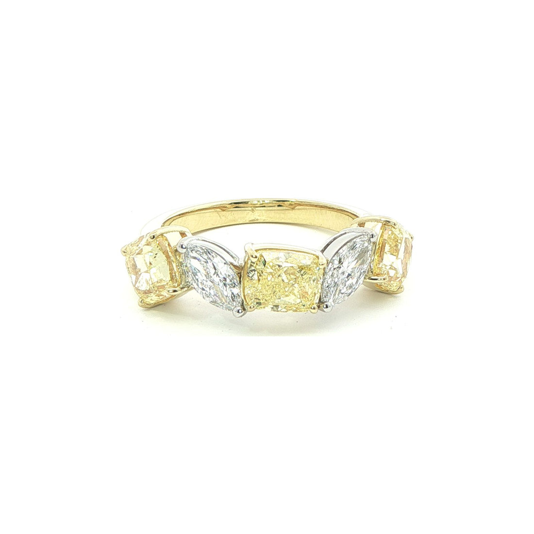 3.56 CT. Cushion Cut Fancy Yellow Diamond and Marquise Diamond Five Stone Ring in 18K Yellow Gold and Platinum