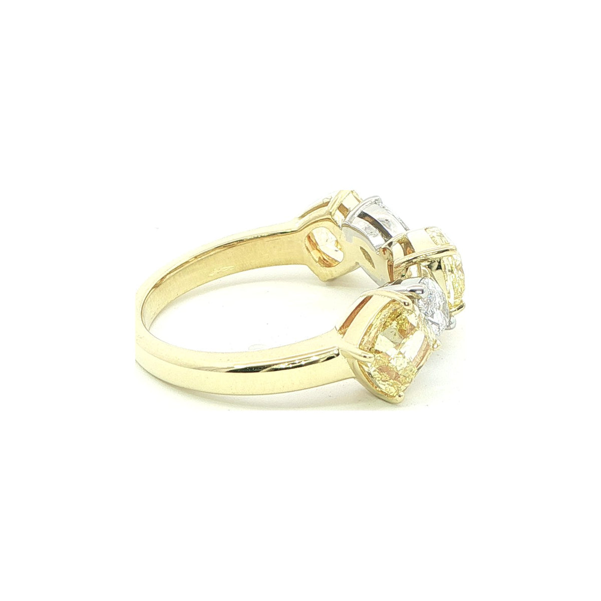 3.56 CT. Cushion Cut Fancy Yellow Diamond and Marquise Diamond Five Stone Ring in 18K Yellow Gold and Platinum view 3