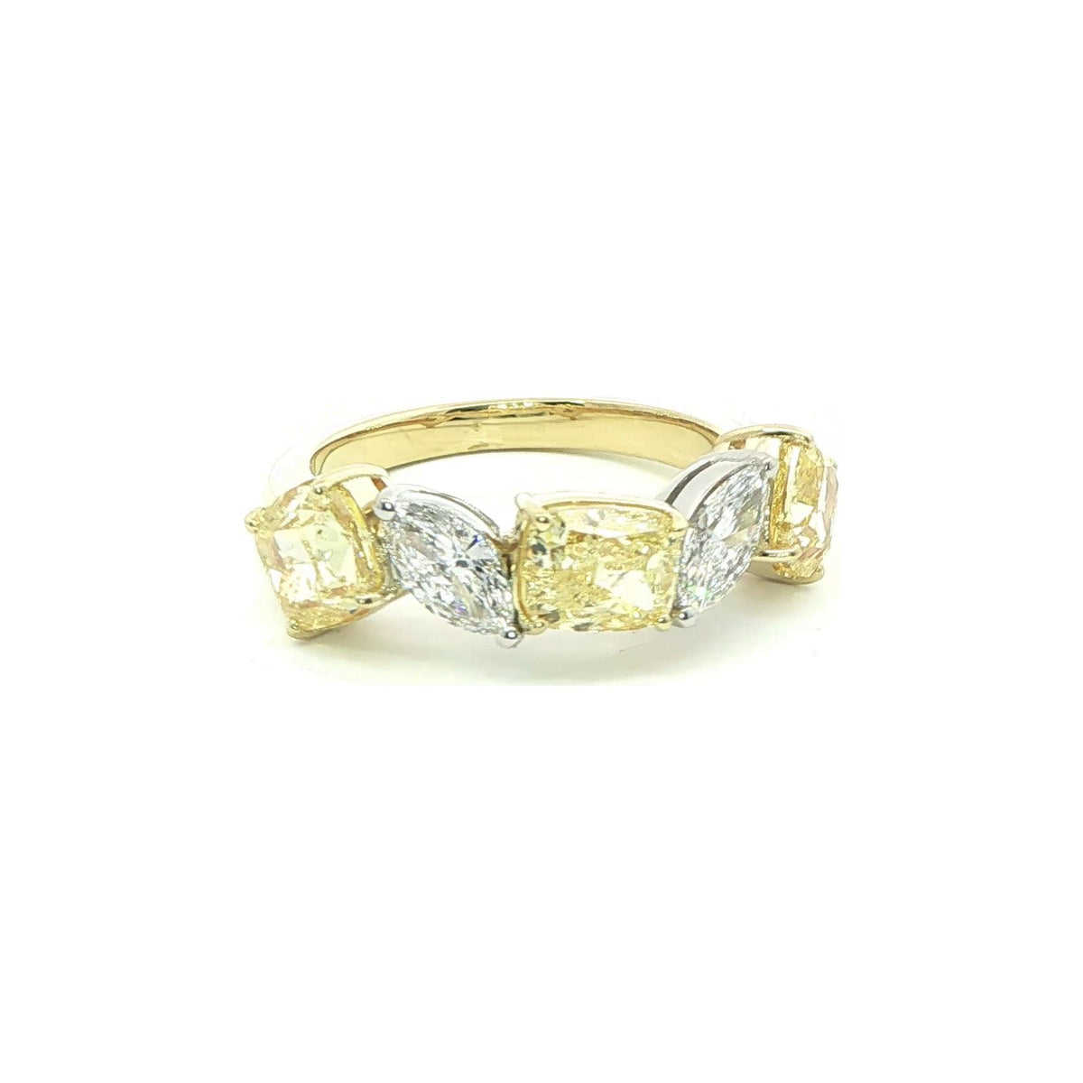 3.56 CT. Cushion Cut Fancy Yellow Diamond and Marquise Diamond Five Stone Ring in 18K Yellow Gold and Platinum view 5