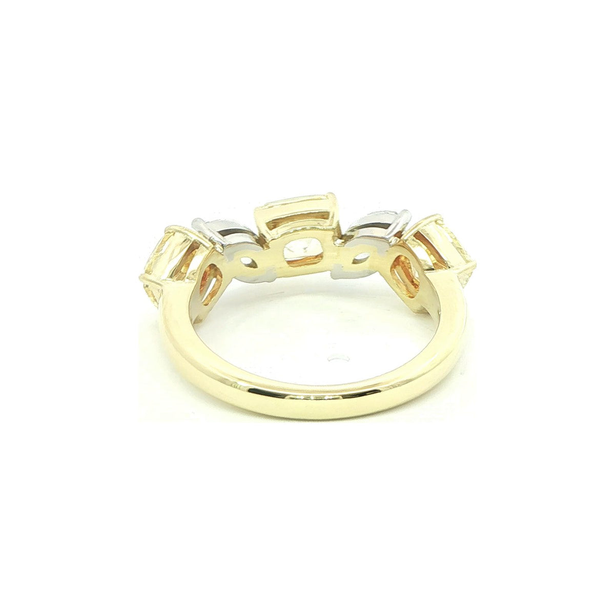 3.56 CT. Cushion Cut Fancy Yellow Diamond and Marquise Diamond Five Stone Ring in 18K Yellow Gold and Platinum view 7