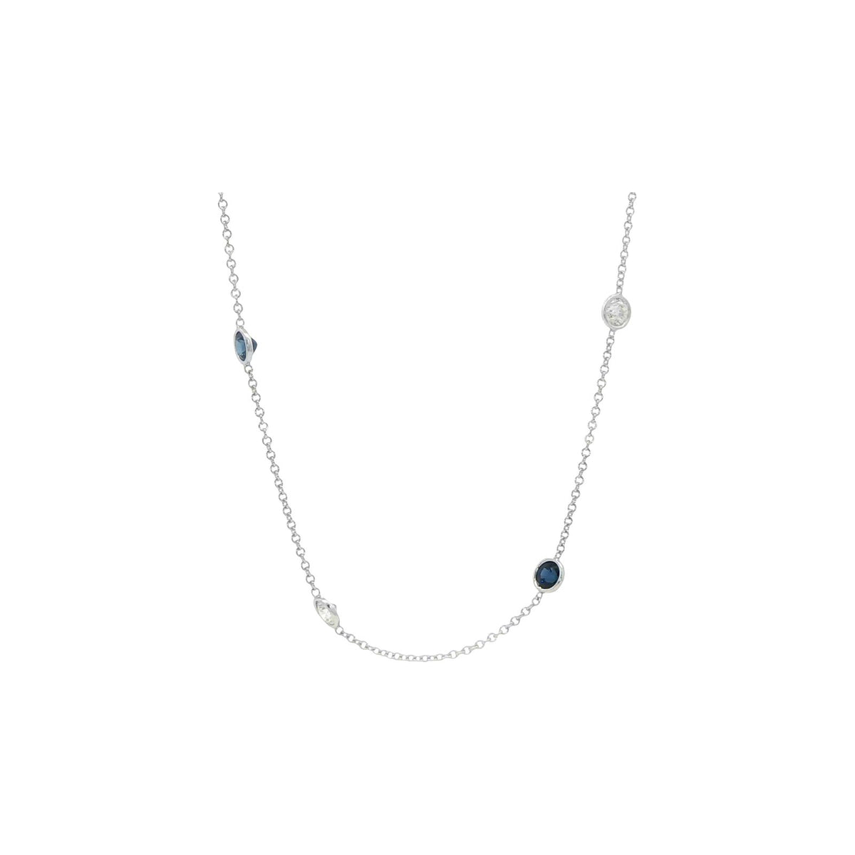 3.94 CT. Blue Sapphire and Round Diamond Chain Necklace in 14K White Gold