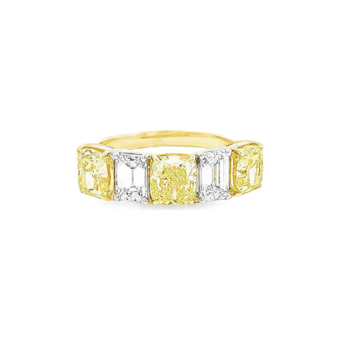 4.05 CT. Cushion Cut Fancy Yellow Diamond and Emerald Cut Diamond Five Stone Ring in 18K Yellow Gold and Platinum