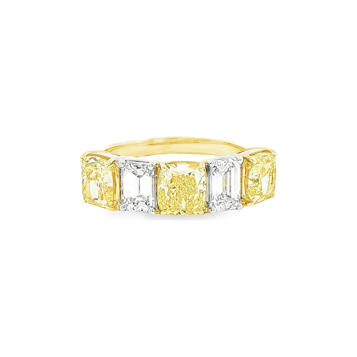 4.05 CT. Cushion Cut Fancy Yellow Diamond and Emerald Cut Diamond Five Stone Ring in 18K Yellow Gold and Platinum