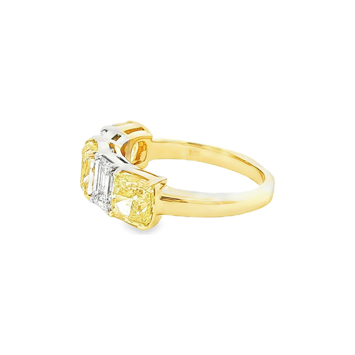 4.05 CT. Cushion Cut Fancy Yellow Diamond and Emerald Cut Diamond Five Stone Ring in 18K Yellow Gold and Platinum view 2