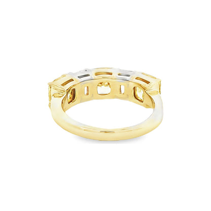 4.05 CT. Cushion Cut Fancy Yellow Diamond and Emerald Cut Diamond Five Stone Ring in 18K Yellow Gold and Platinum view 3