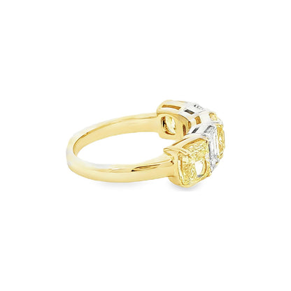 4.05 CT. Cushion Cut Fancy Yellow Diamond and Emerald Cut Diamond Five Stone Ring in 18K Yellow Gold and Platinum view 4