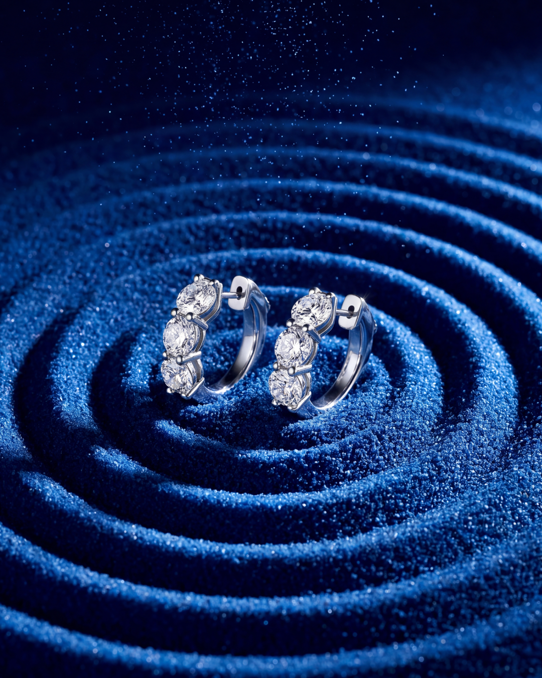 4.26 CT. Round Brilliant Three Stone Diamond Huggie Earrings in 14K White Gold on model - Edward&