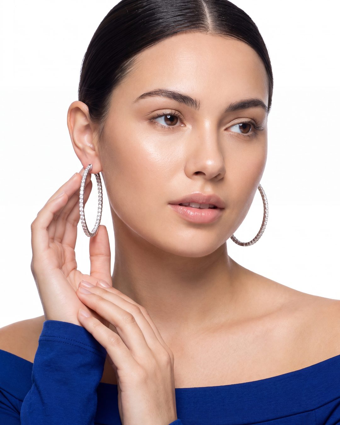 4.34 CT. Round Brilliant Diamond Inside-Out Hoop Earrings in 14K White Gold on model - Edward&