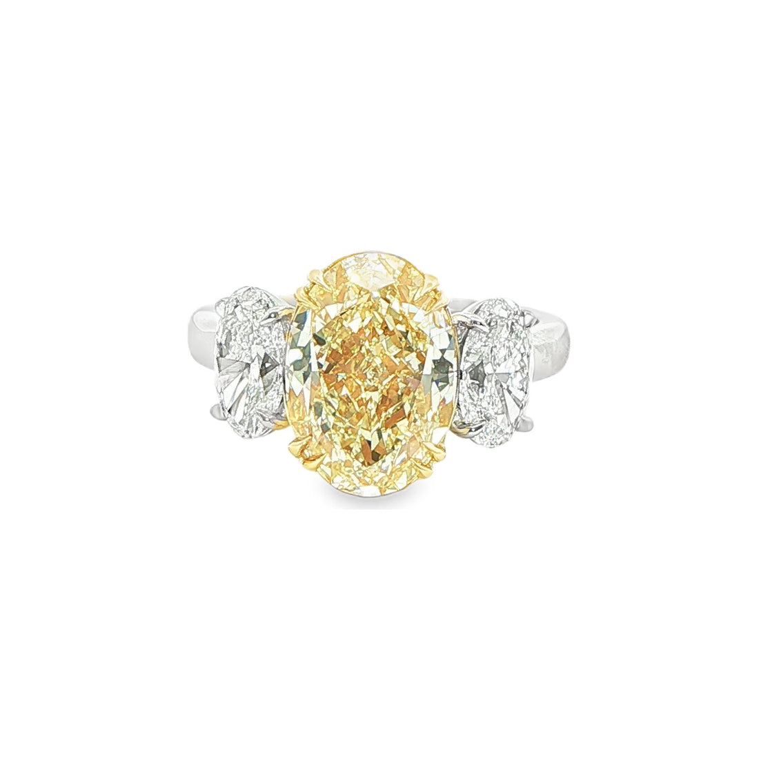 5.47 CT. Oval Cut WX Yellow Diamond and Oval Diamond Three Stone Ring in 18K Yellow Gold and Platinum