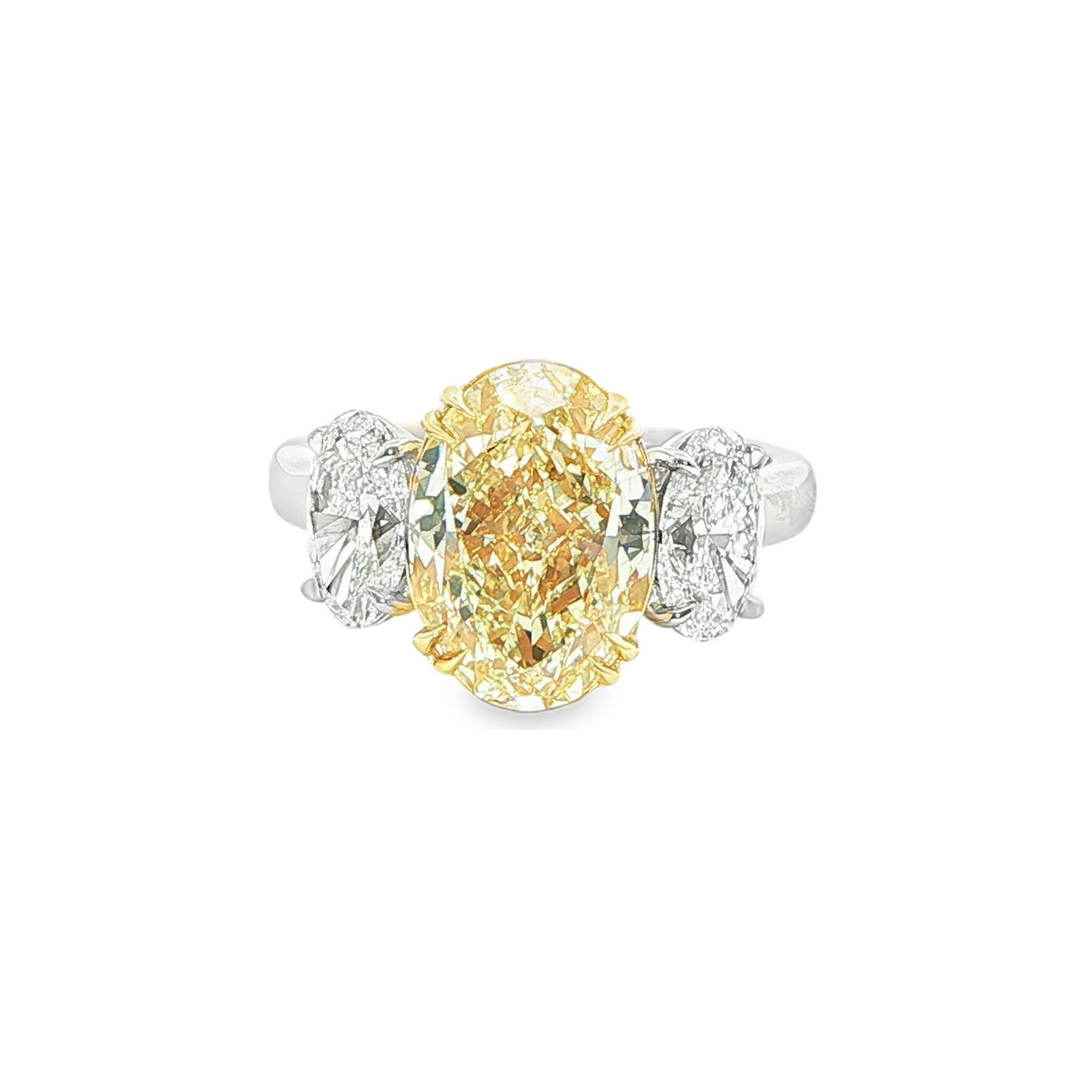 5.47 CT. Oval Cut WX Yellow Diamond and Oval Diamond Three Stone Ring in 18K Yellow Gold and Platinum