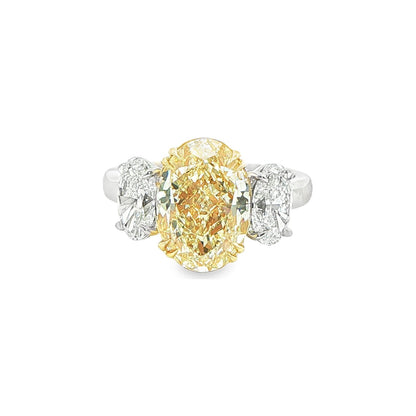 5.47 CT. Oval Cut WX Yellow Diamond and Oval Diamond Three Stone Ring in 18K Yellow Gold and Platinum