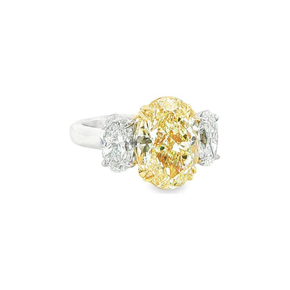 5.47 CT. Oval Cut WX Yellow Diamond and Oval Diamond Three Stone Ring in 18K Yellow Gold and Platinum view 2