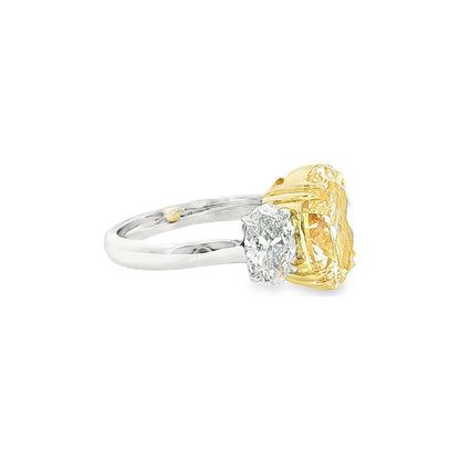 5.47 CT. Oval Cut WX Yellow Diamond and Oval Diamond Three Stone Ring in 18K Yellow Gold and Platinum view 3