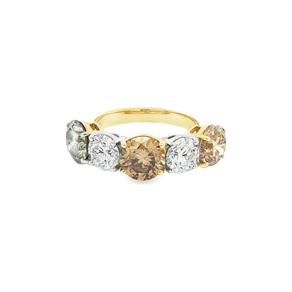 5.53 CT. Natural Brown Round Brilliant Diamond and Round Brilliant Diamond Five Stone Ring in 18K Yellow Gold and Platinum