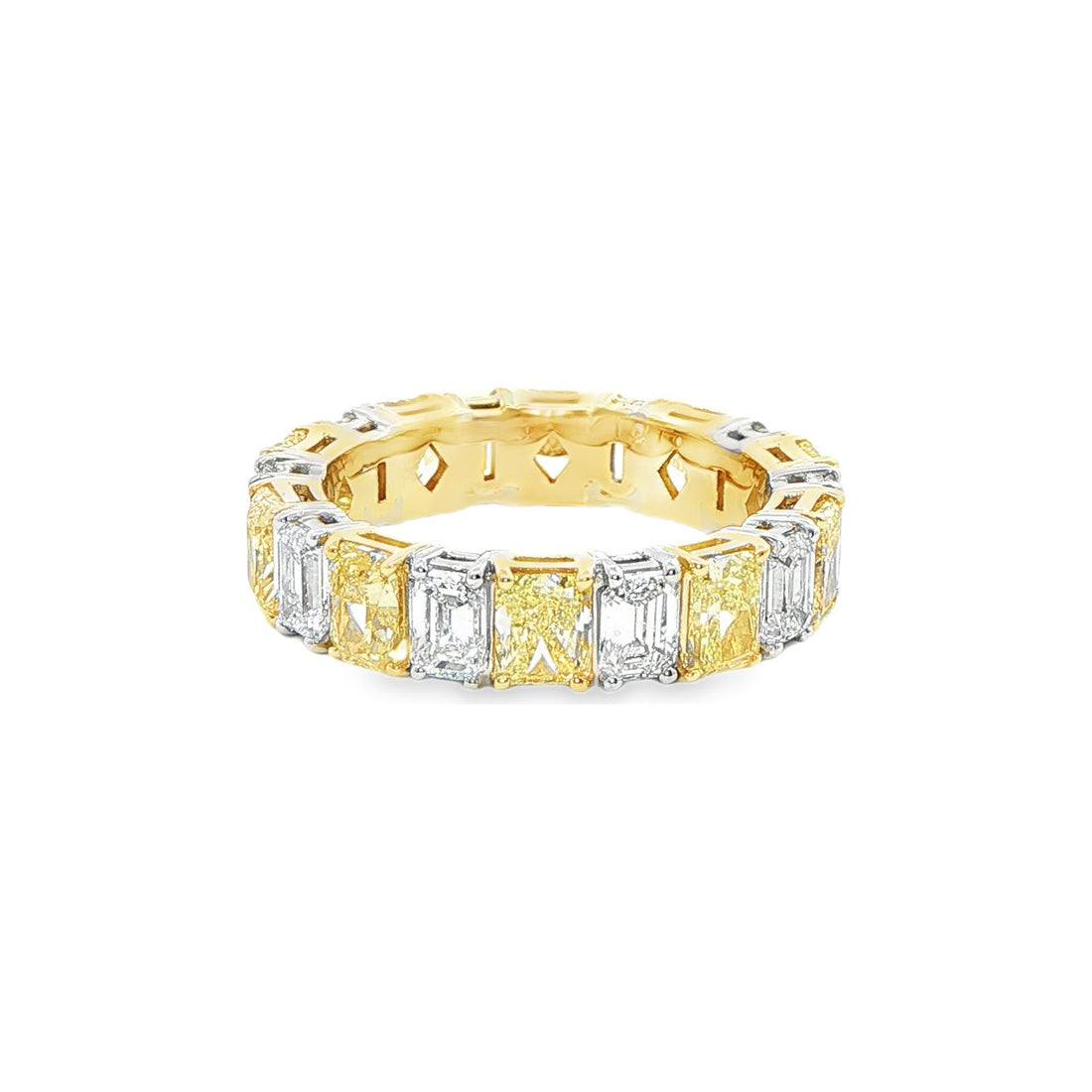 5.77 CT. Alternating Radiant Cut Fancy Yellow Diamond and Emerald Cut Diamond Eternity Band in 18K Yellow Gold and Platinum
