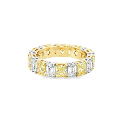 5.77 CT. Alternating Radiant Cut Fancy Yellow Diamond and Emerald Cut Diamond Eternity Band in 18K Yellow Gold and Platinum