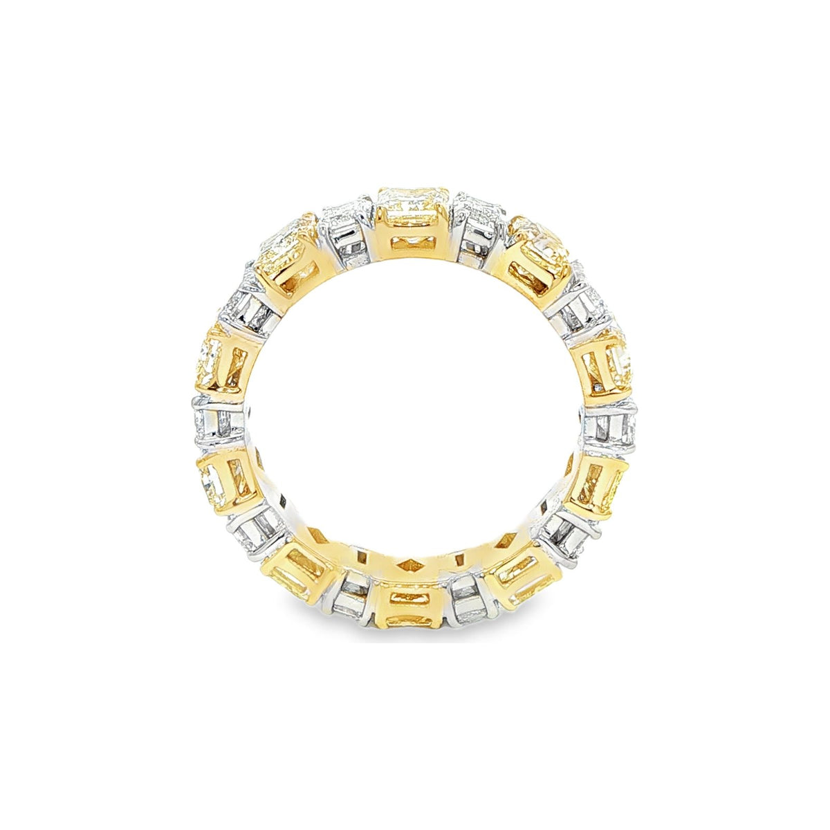 5.77 CT. Alternating Radiant Cut Fancy Yellow Diamond and Emerald Cut Diamond Eternity Band in 18K Yellow Gold and Platinum view 2