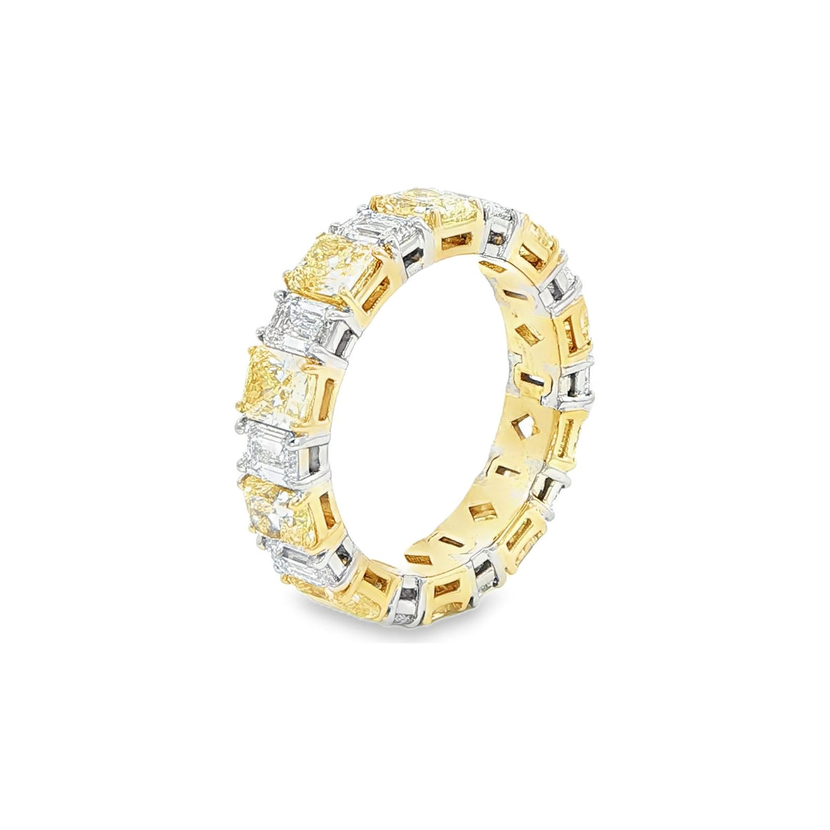 5.77 CT. Alternating Radiant Cut Fancy Yellow Diamond and Emerald Cut Diamond Eternity Band in 18K Yellow Gold and Platinum view 3